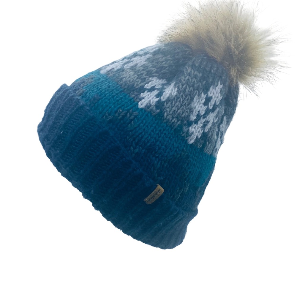 Eddie Bauer Womens Blue Grey Knit Pom Pom Beanie Hat Fleece Lined Winter Cap